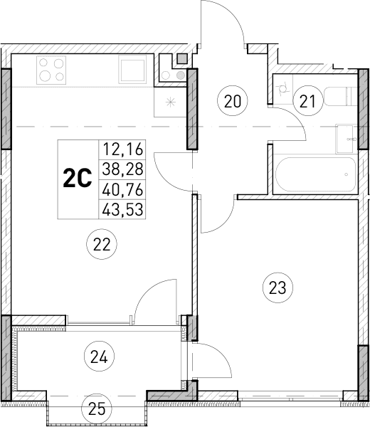 1-комн., 38.28 м²