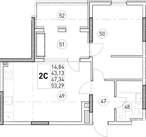 1-комн., 43.13 м²