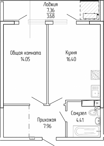1-комн., 42.82 м²