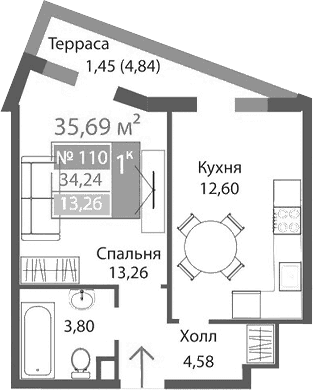 1-комн., 34.24 м²