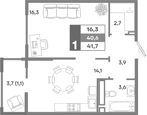 1-комн., 40.6 м²