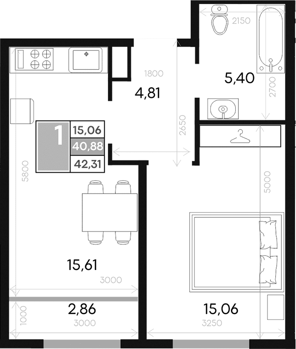 1-комн., 40.88 м²