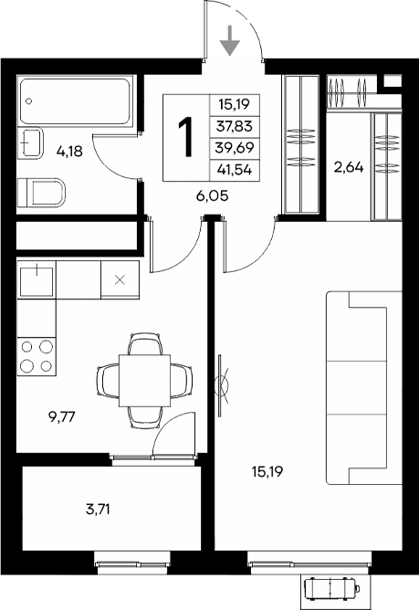 1-комн., 37.83 м²