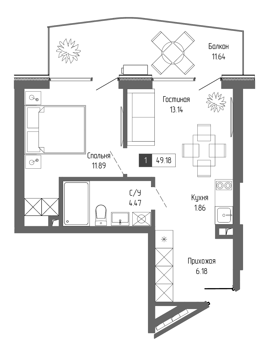 1-комн., 37.54 м²