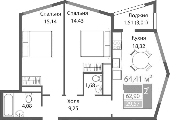 2-комн., 62.9 м²