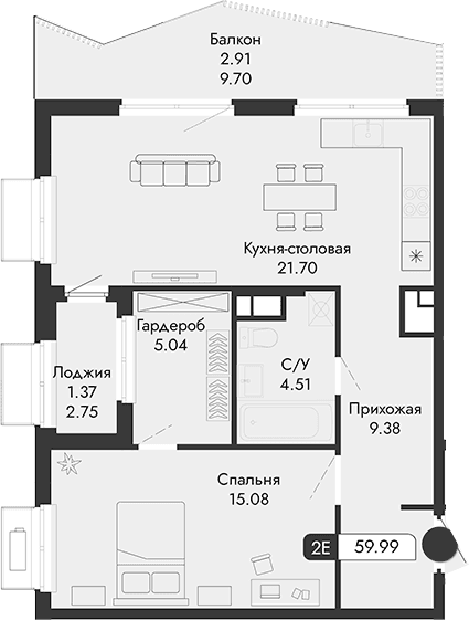 2-комн., 55.71 м²
