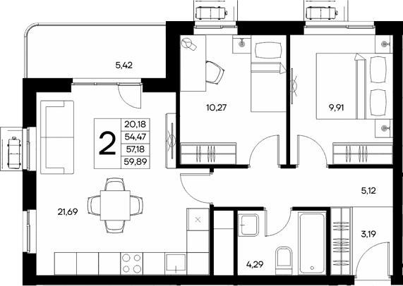 2-комн., 54.47 м²