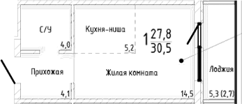 Студия, 27.8 м²
