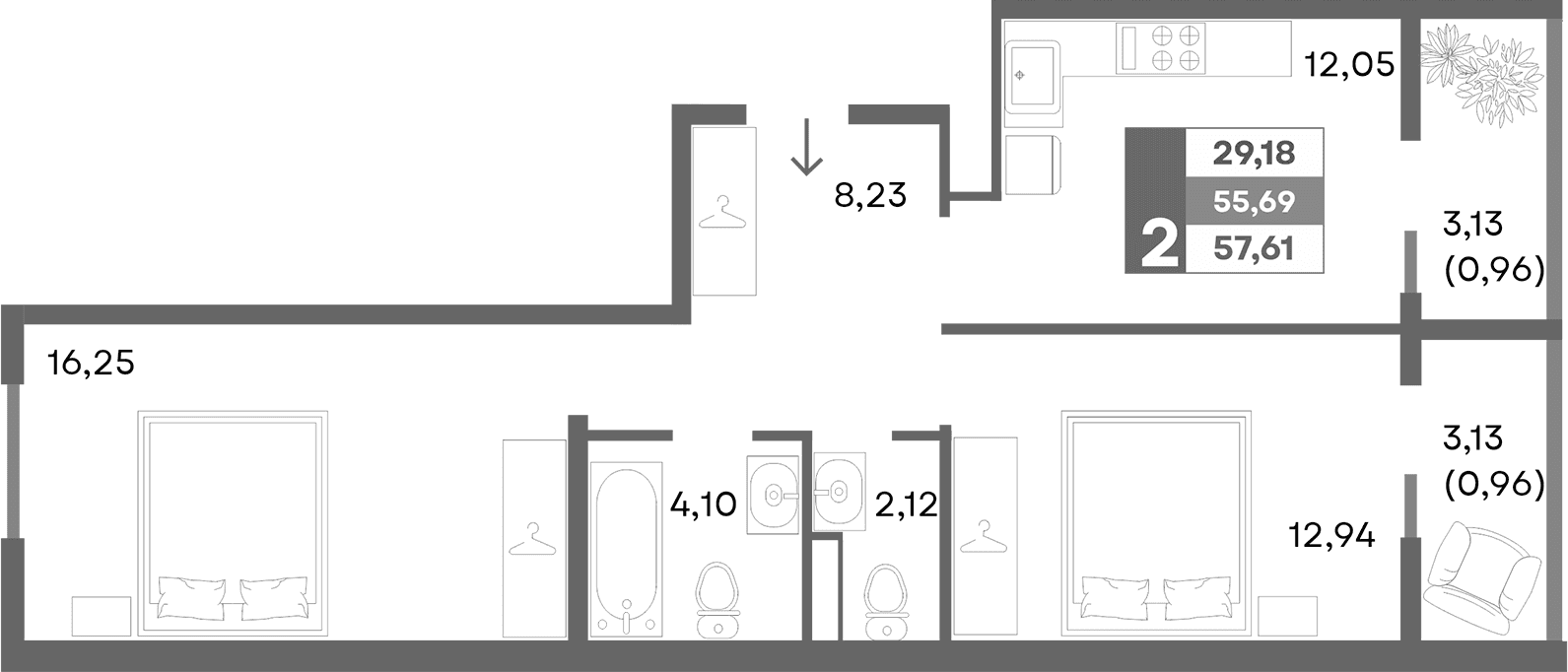 2-комн., 55.69 м²