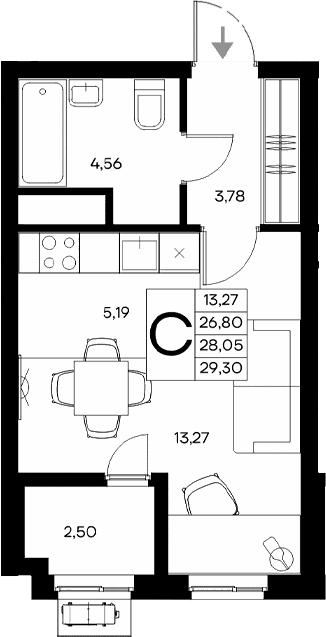 Студия, 26.8 м²