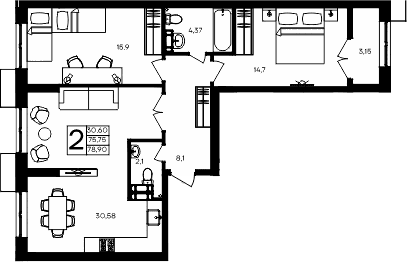 2-комн., 75.75 м²