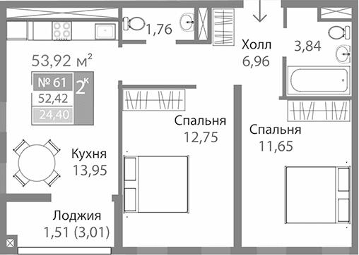 2-комн., 50.91 м²
