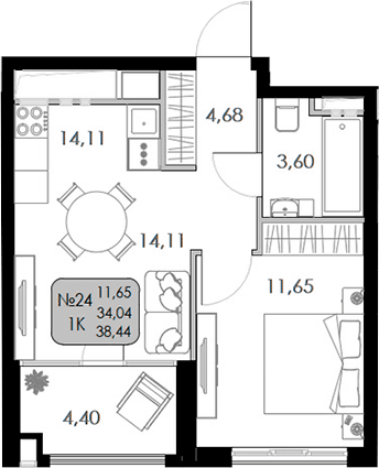 1-комн., 34.04 м²