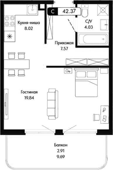 Студия, 39.46 м²