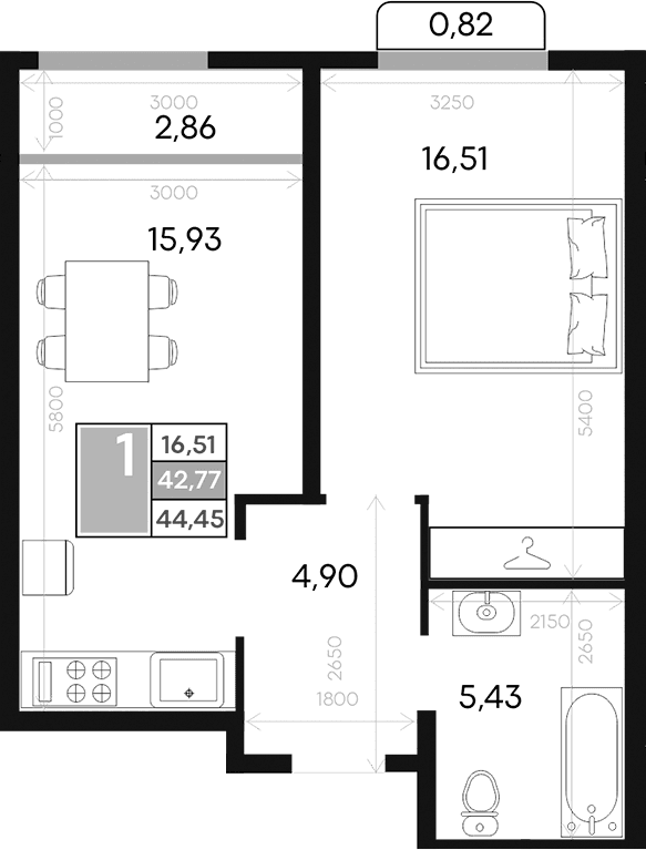 1-комн., 42.77 м²
