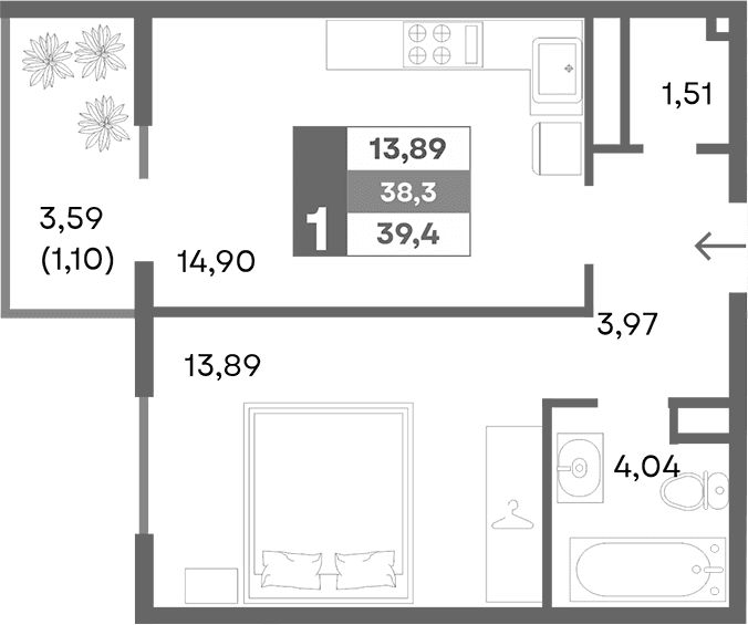 1-комн., 38.3 м²