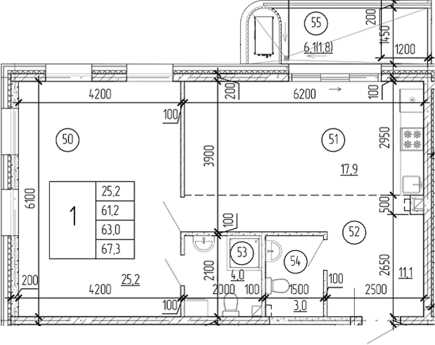 1-комн., 65.5 м²