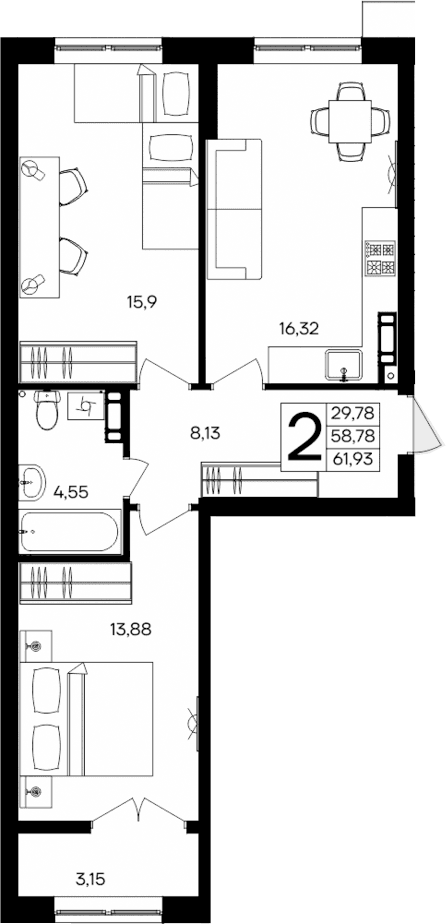 2-комн., 58.78 м²