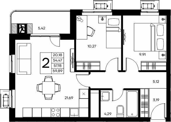 2-комн., 54.47 м²