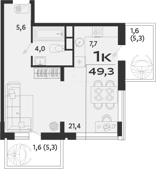 1-комн., 46.1 м²