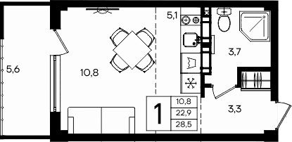 Студия, 22.9 м²