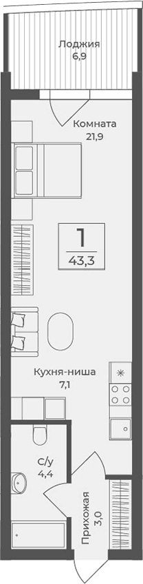 Студия, 36.4 м²