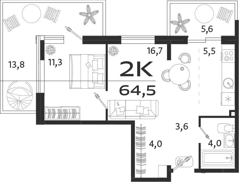 2-комн., 45.1 м²