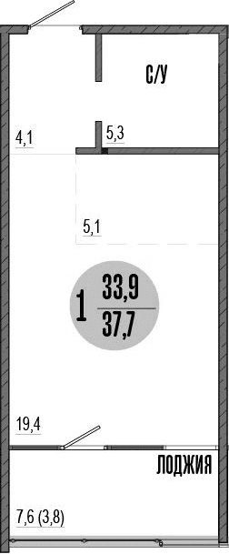Студия, 33.9 м²
