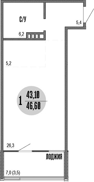 Студия, 43.4 м²