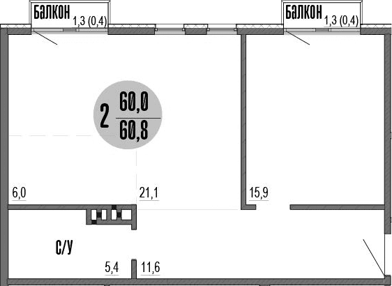 2-комн., 60 м²