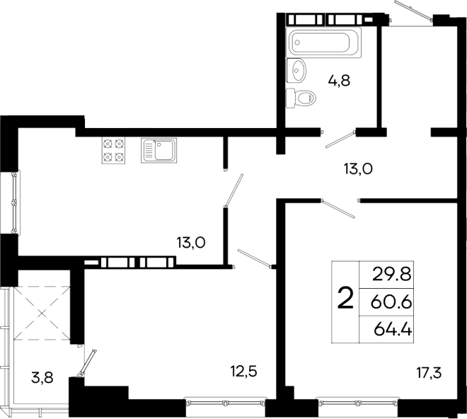 2-комн., 60.6 м²
