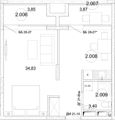 1-комн., 38 м²