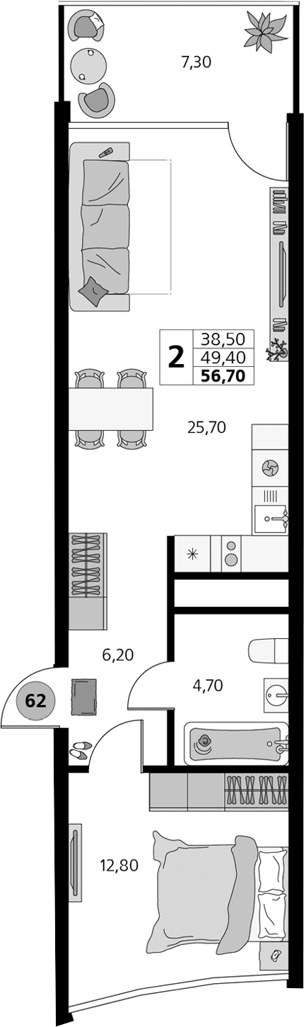 2-комн., 49.4 м²