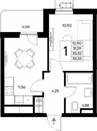1-комн., 31.29 м²