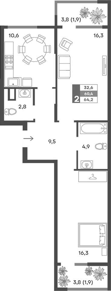 2-комн., 60.4 м²