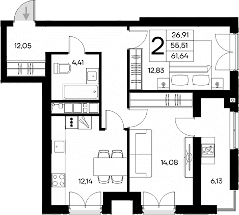 2-комн., 55.51 м²