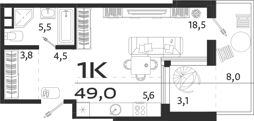 Студия, 37.9 м²