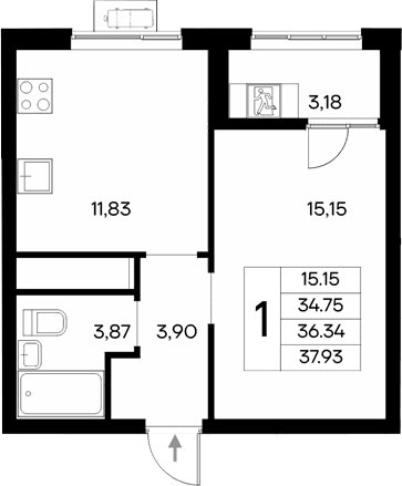 1-комн., 34.75 м²