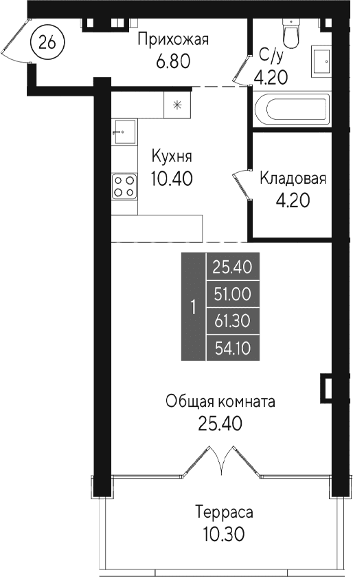 Студия, 51 м²