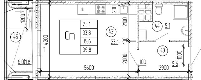 Студия, 38 м²