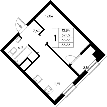 1-комн., 32.52 м²