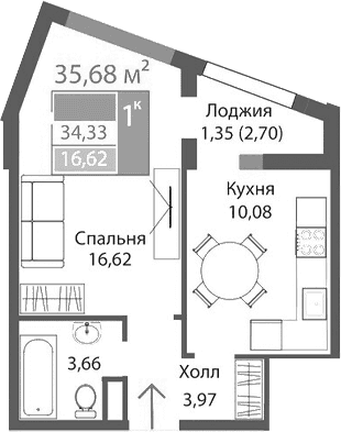 1-комн., 34.33 м²