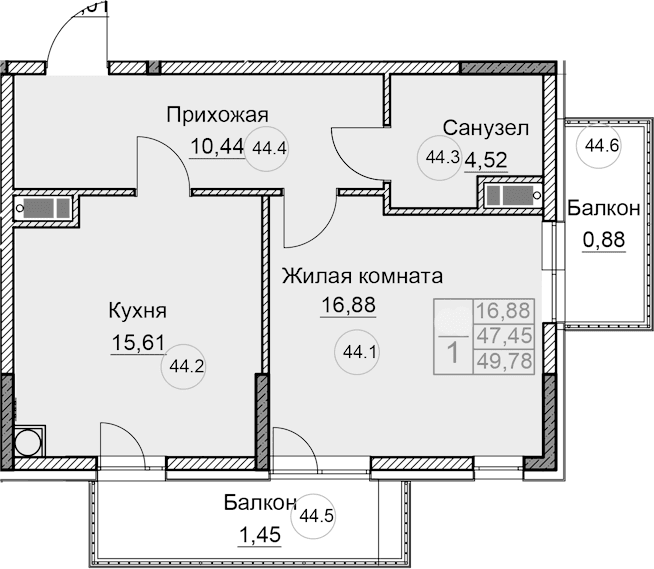 1-комн., 47.45 м²