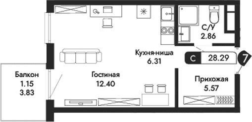 Студия, 27.14 м²