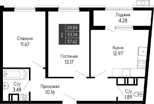 2-комн., 53.34 м²