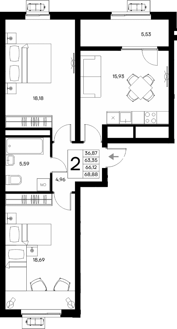 2-комн., 63.35 м²