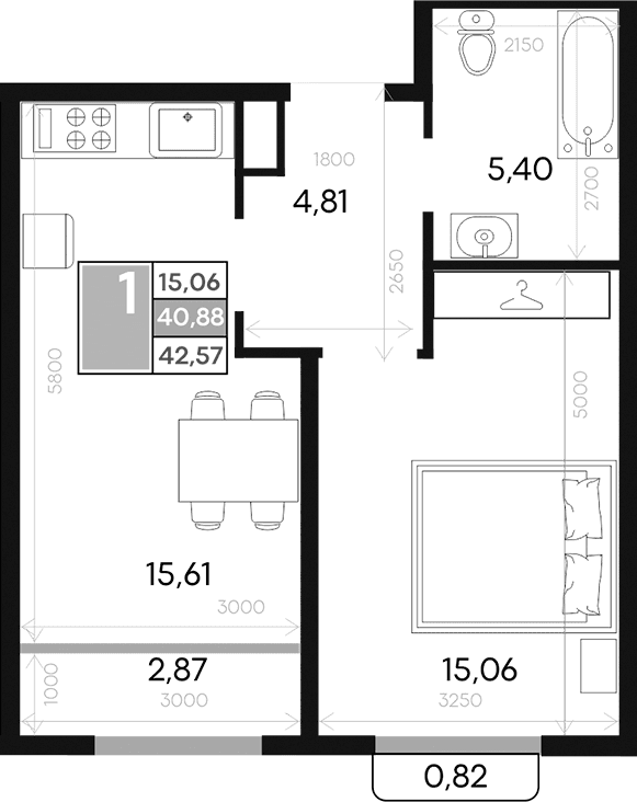 1-комн., 40.88 м²