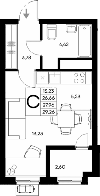 Студия, 26.66 м²