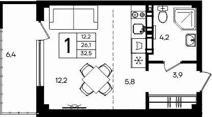Студия, 26.1 м²