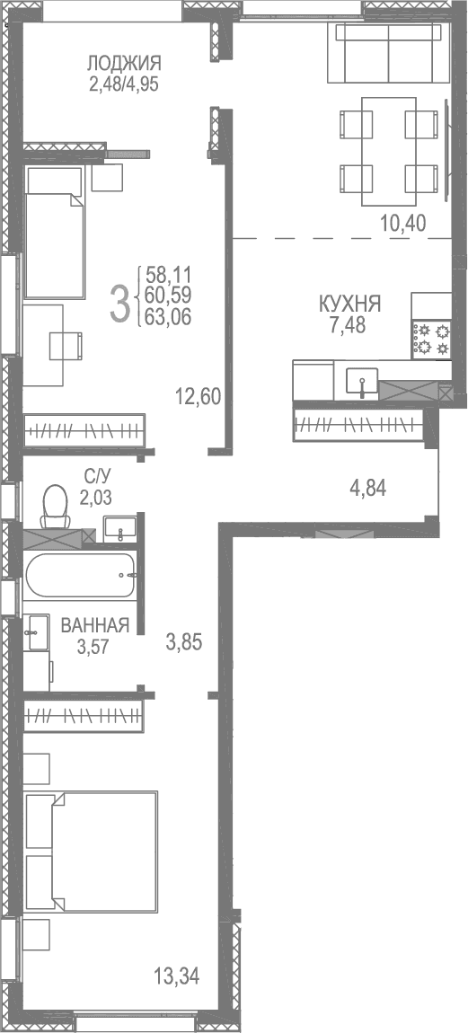 2-комн., 60.58 м²